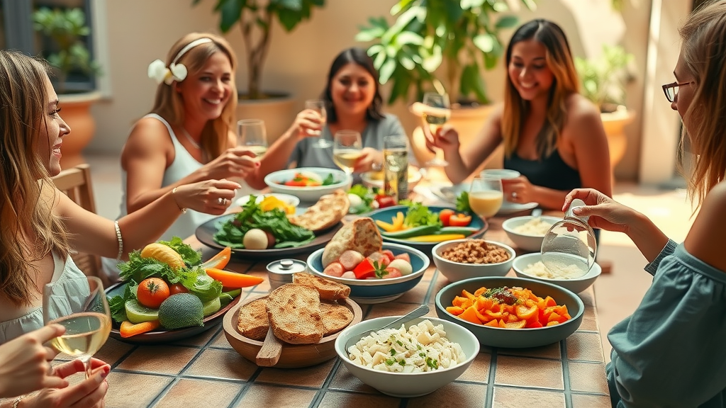 Colorful Mediterranean meal with vegetables and olive oil for a healthy life and longevity secrets