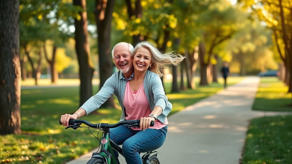 active elderly couple, cycling joyfully on park pathway, recommended physical activity for elderly, older adults outdoors, golden hour lighting