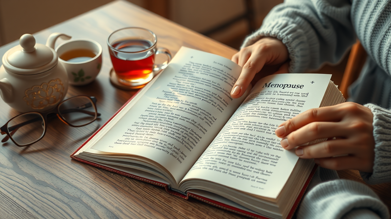 educational booklet on menopause supplements dietary supplements on table, open for learning about menopause symptoms relief