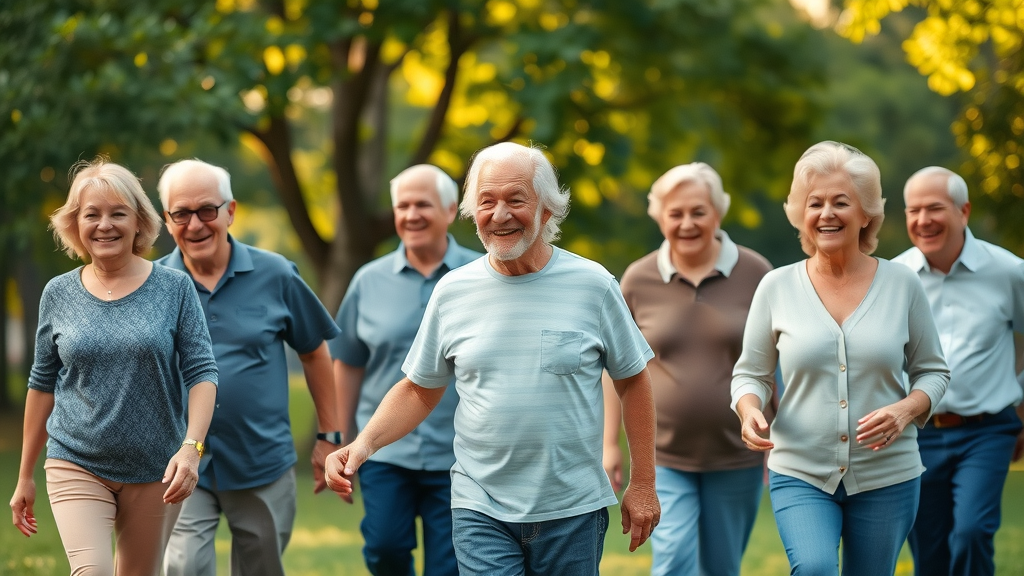 Inspiring diverse adults and seniors walking outdoors for a healthy heart, lush park setting, heart health focus