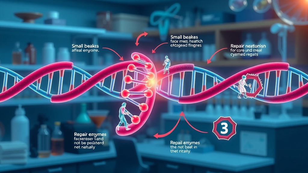 Infographic illustrating DNA strand breaks and repair mechanisms during biological aging