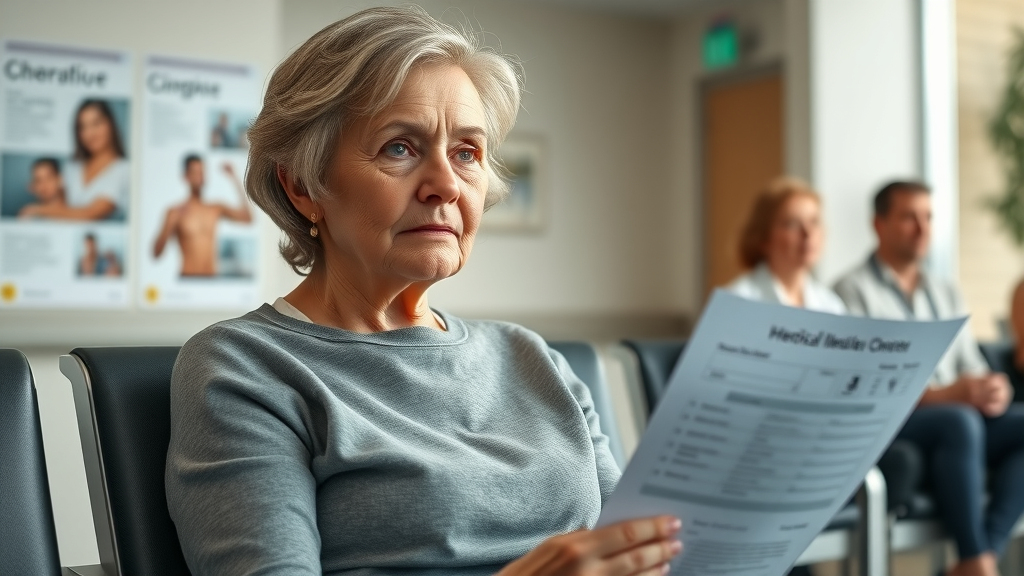 mature woman considering medical chart for chronic disease issues, hospital setting, natural expression, chronic disease information poster in background