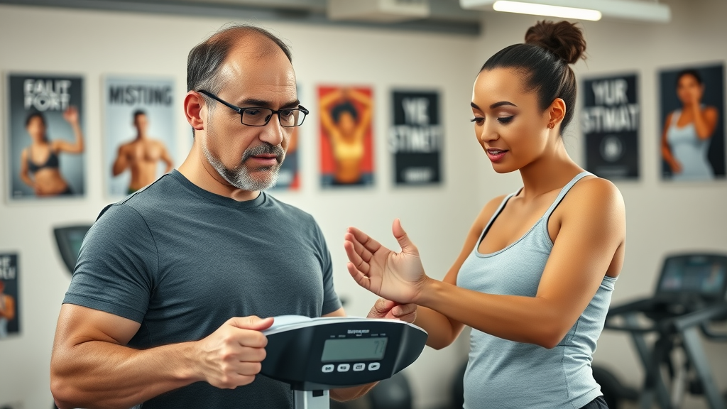 Adult and supportive trainer reviewing weight loss plan to overcome plateau and get rid of fat stomach.