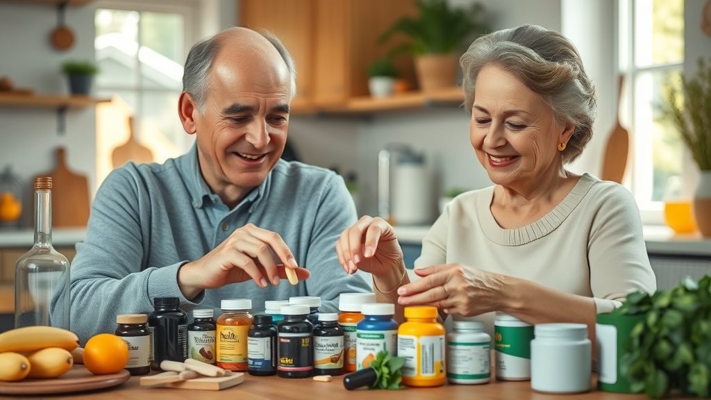 Elderly couple sorting nutritional supplements at home, with a table of dietary supplements in a sunny kitchen.