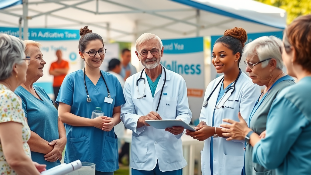 public health workers supporting older adults at a health screening for healthy aging strategies