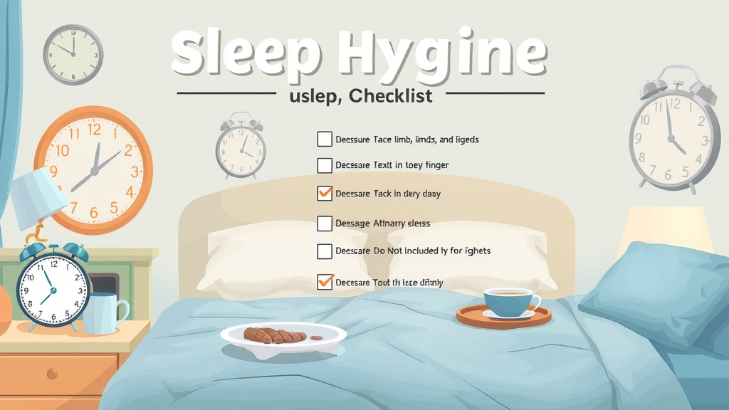 sleep habits of older adults, organized sleep hygiene checklist, concept of clocks, cups, and devices