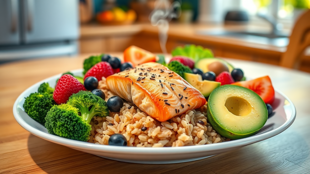Colorful plate of heart healthy foods—salmon, brown rice, broccoli, berries—for a healthy eating pattern