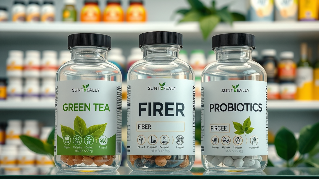 Green tea, fiber, and probiotic supplement bottles for losing belly fat