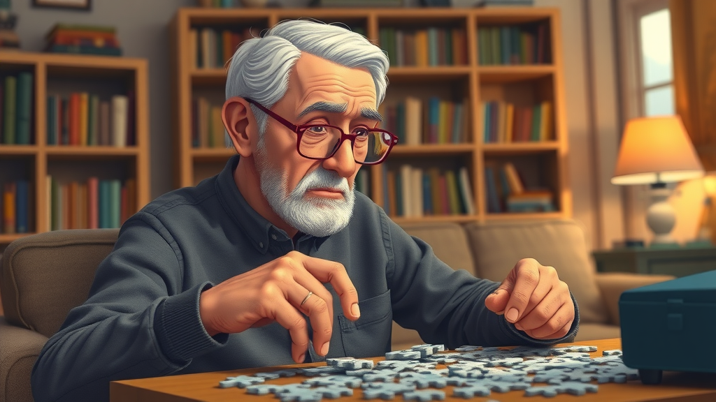 Cognitive health and healthy aging: senior man solves puzzle to preserve memory and mental agility
