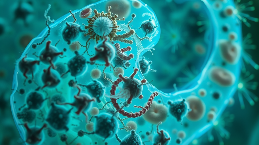 detailed microscopic gut microbiome ecosystem with diverse bacteria and fungi, healthy digestive tract background