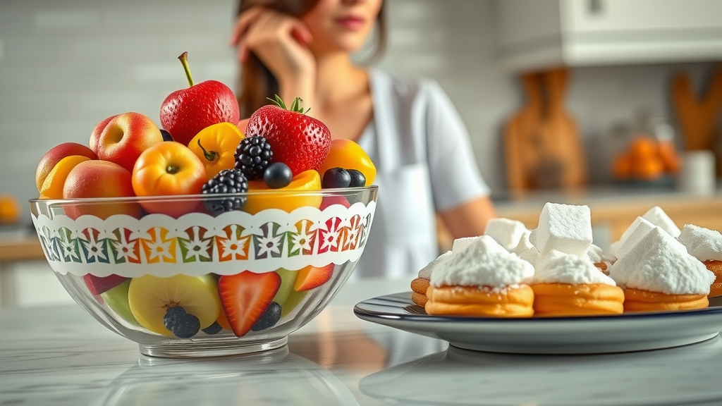 comparison of healthy fruits and sugary pastries demonstrating how to get a flat stomach without exercise by reducing sugar