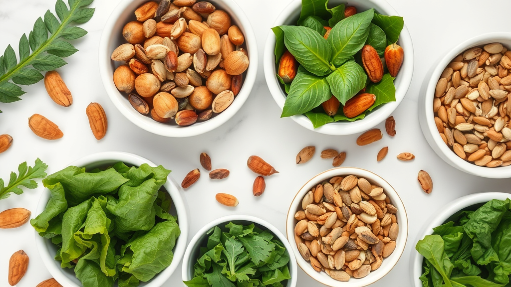 Mineral-rich foods such as nuts, seeds, leafy greens in bright bowls; magnesium is an essential natural supplement for energy