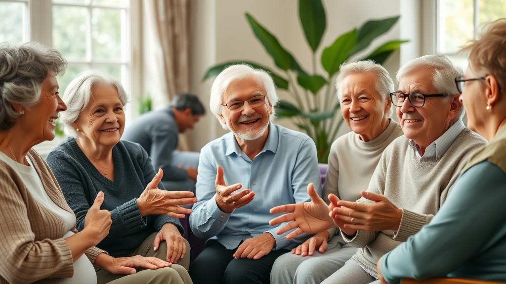 Warm, diverse group of seniors engaged in calm conversation about anxiety management in seniors, in a sunlit community room with natural elements.