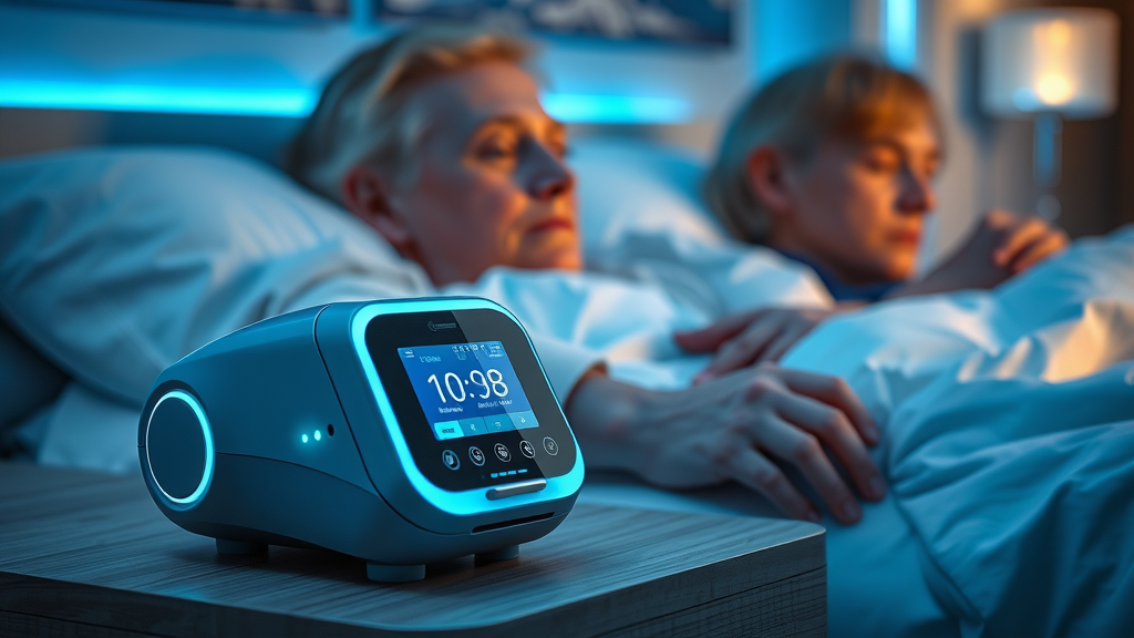 research innovations elderly sleep disorders innovative sleep technology devices seniors bedside table futuristic smart bedroom digital displays blue ambient lighting