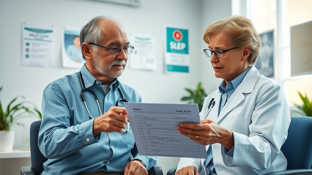 doctor consulting with senior patient, reviewing sleep health checklist, impact of sleep on senior brain health, natural conversation, well-lit medical office, medical posters