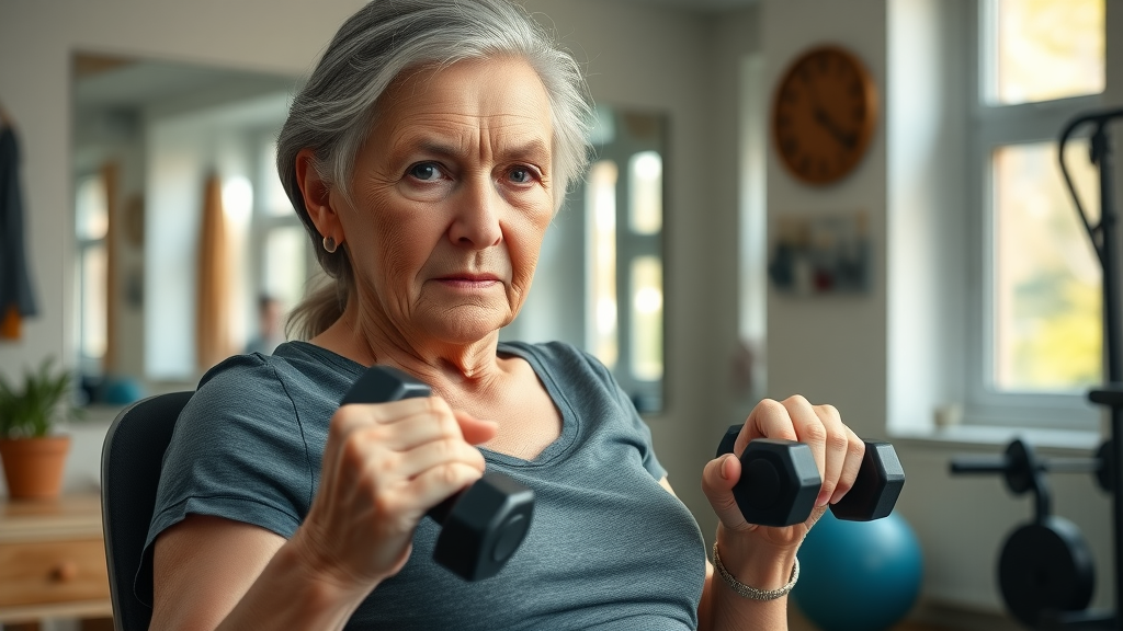 determined elderly woman, lifting dumbbells to build muscle strength, strengthening activities at home, physical activity for elderly, high fidelity lifelike