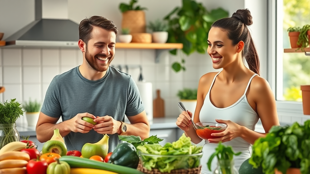 natural therapy for weight loss vibrant wellness lifestyle, healthy adults meal prepping with fresh fruits and vegetables in a kitchen