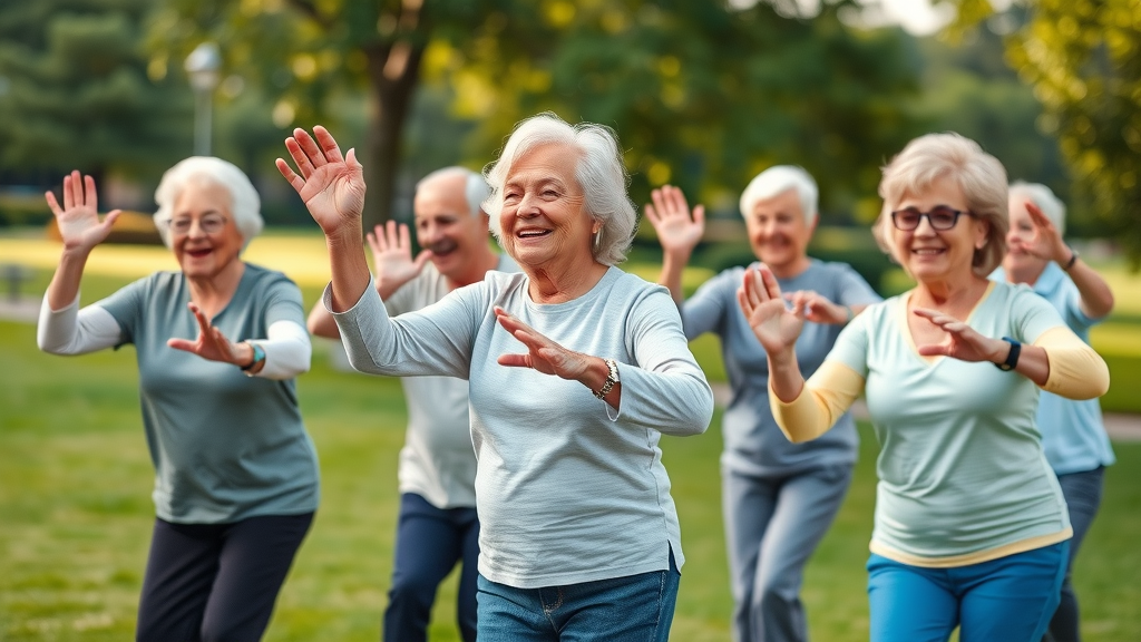 Joyful elderly friends in group exercise outdoors, physical activity for older adults
