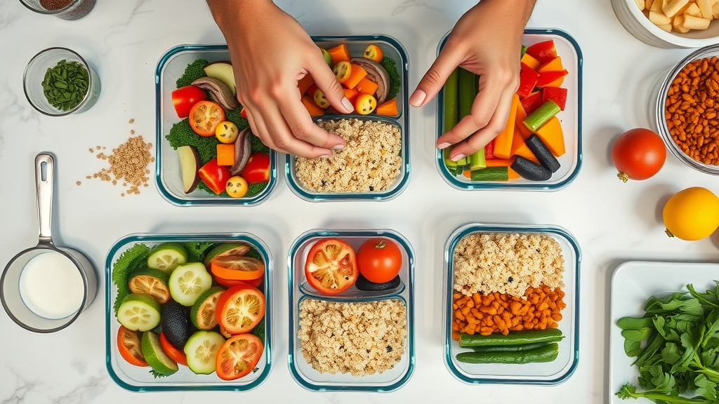 meal prepping with colorful vegetables and measured portions for losing belly fat without exercise