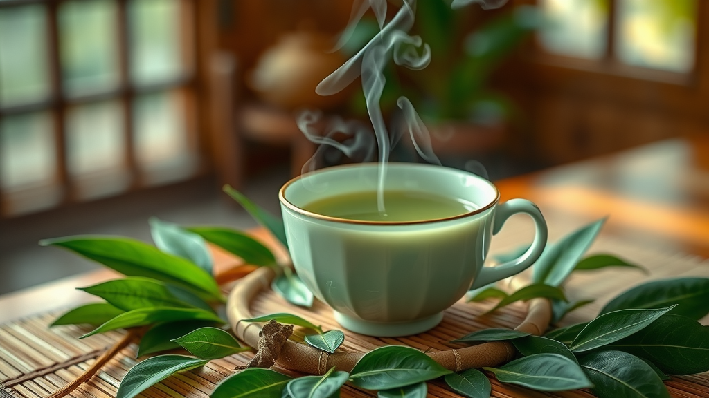 Steaming cup of green tea on bamboo platter, rich in L-theanine; supports smooth, balanced energy levels naturally