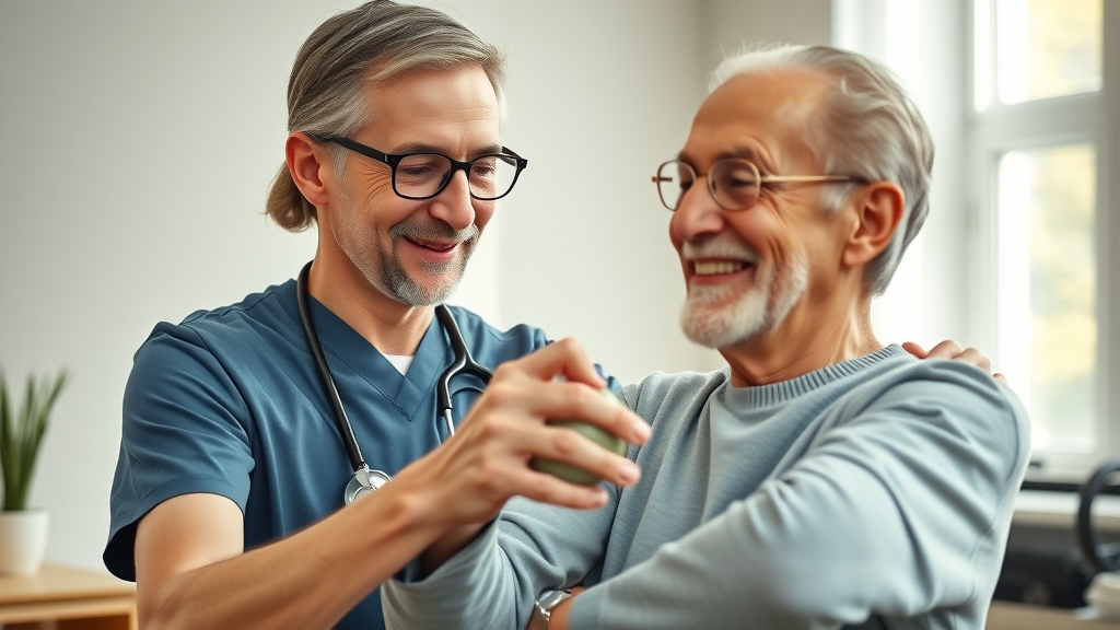 Supportive healthcare professional assists cheerful older man with physical therapy at home, home health services