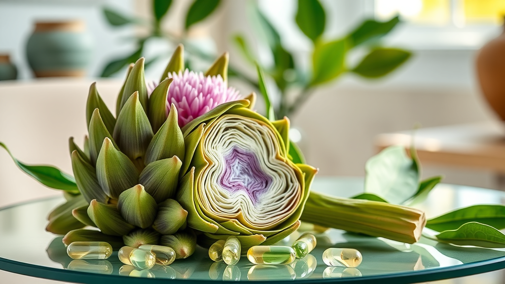 milk thistle and artichoke leaf supplements on glass table for healthy liver support