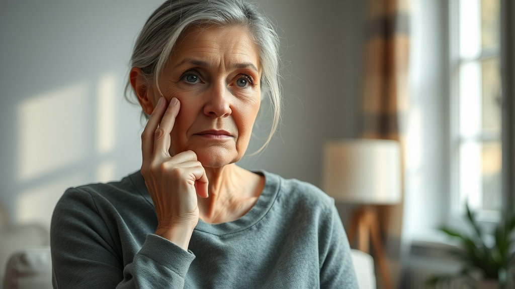 concerned middle-aged woman thoughtful touching her cheek best menopause supplements gentle home setting