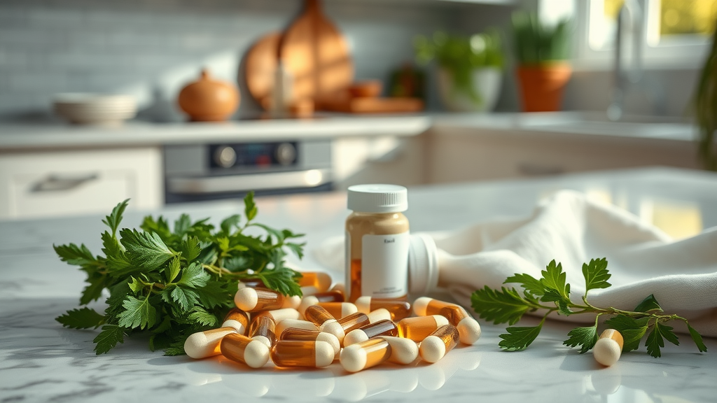 elegant menopause supplement capsules and herbs on marble natural dietary supplements ingredients