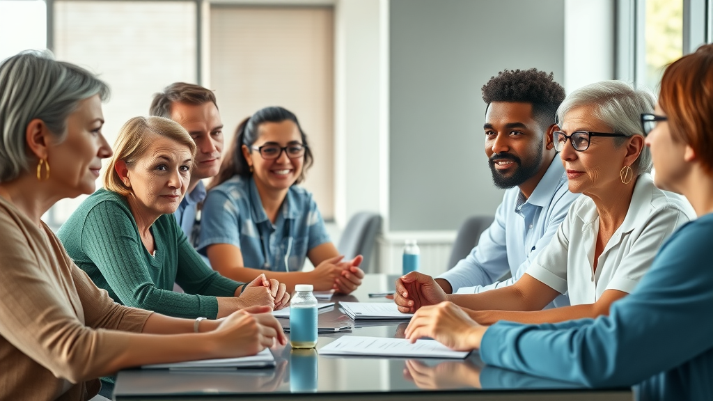 diverse adults discussing natural high blood pressure supplements in a modern medical clinic