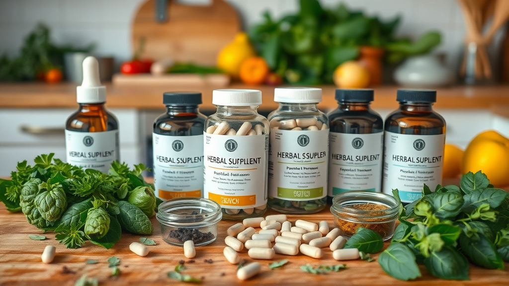arranged selection of herbal supplement bottles and ingredients for natural high blood pressure supplements