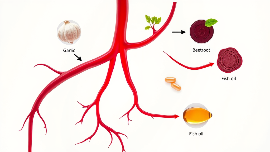 diagram showing blood vessels and effects of garlic, beetroot, and fish oil on blood pressure